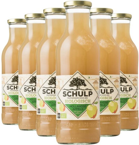 Zes glazen flessen Schulp biologisch appelsap, goudkleurige doppen, labels met groene appelafbeelding.