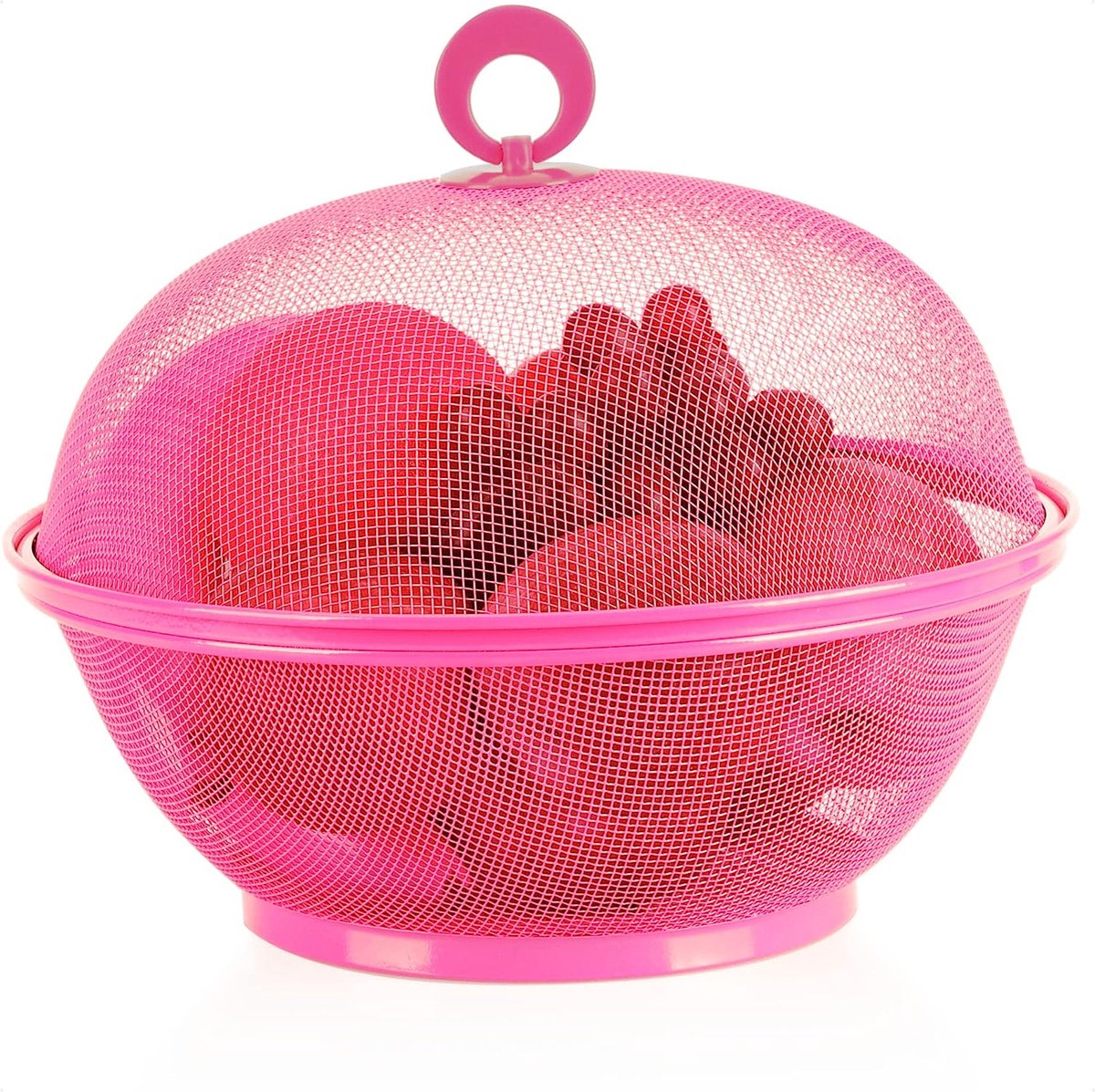 2-delige set fruitmand met deksel - metalen kom en vliegenkap - voedselscherm - groentemand - decoratieve fruitschaal - voedselcontainer (01 stuks - roze)