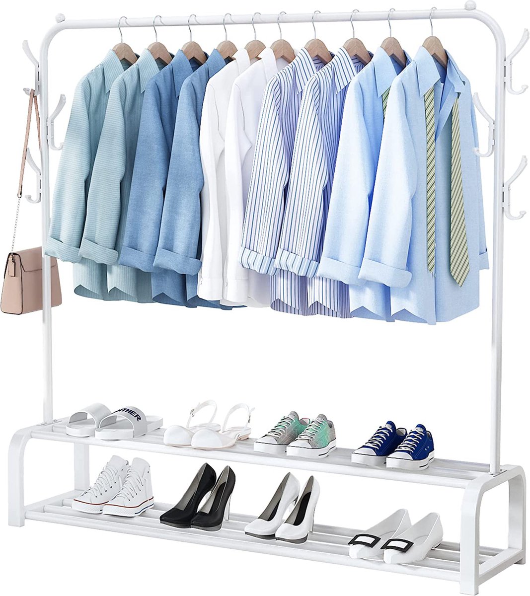 Avalo Industrieel Kledingrek - Garderoberek / Kledingrek met Schoenenrek en Haken - Wit Metaal 110x33x150 cm - Dressboy