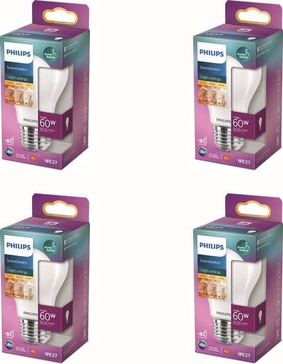 Foto: Philips sceneswitch led lampen e27 60w warmwit licht dimbaar 4 stuks bespaar op je energiekosten voordeelverpakking