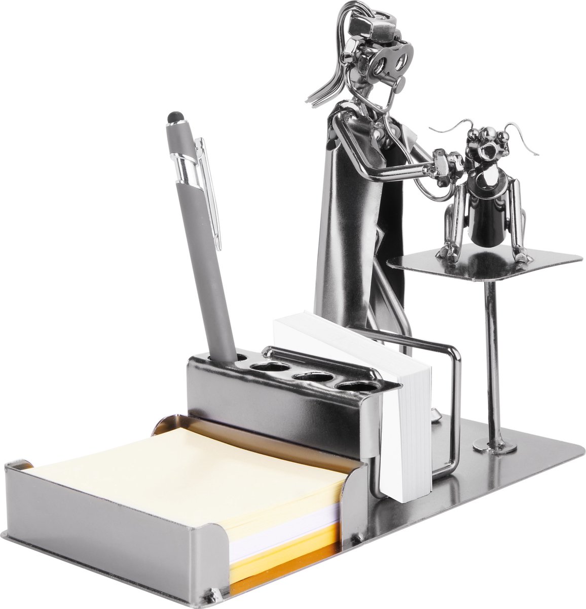 BRUBAKER Schroef Man Dierenarts met Pen Houder - Handgemaakte IJzer Figuur Metalen Man met Visitekaarthouder en Bakje voor Notities - Metalen Figuur met Hond Cadeau-Idee voor Dierenartsen