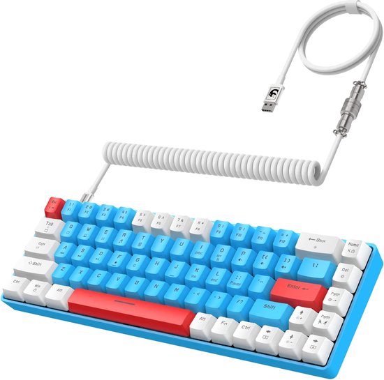 Intelectro Gaming Toetsenbord 60% - Compacte formaat - Anti-ghosting en USB C Zorgen voor Ultieme Snelheid - RGB Verlichting met 16,8 Miljoen Kleuren - Diverse Lichteffecten - USB C - Moderne Kabel - Blauw/Rood/Wit - Levering sneller dan aangegeven!