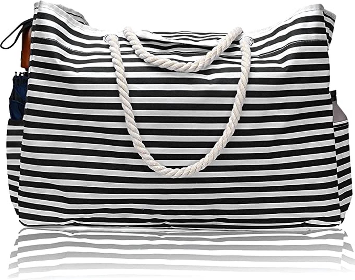 DEWUR Strandtas XXL familie grote badtas strandtas met ritssluiting strandtas opvouwbare schoudertas badtas familie shopper handtas voor strand vakantie reizen grijs, zwart, XXL