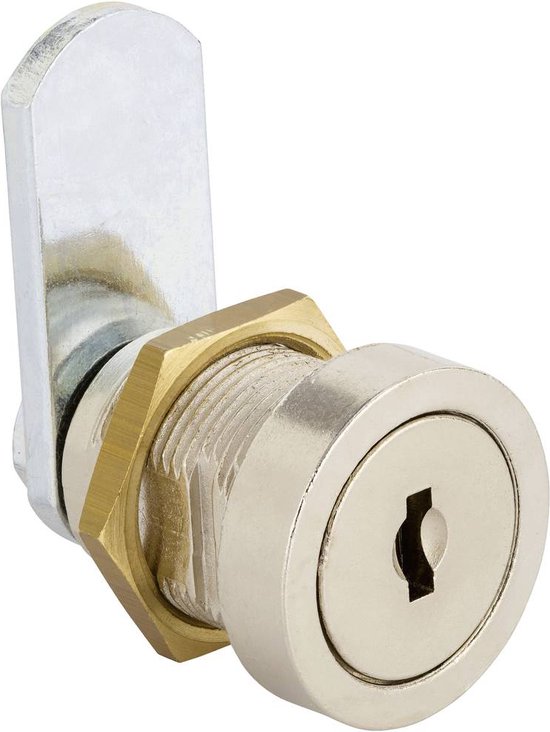 Zilverkleurige cilinderslot met messing hex moer en zilverkleurige hendel.
