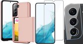 Coque pour Samsung Galaxy S22 Plus avec porte-cartes - Protecteur d'écran GlassGuard et protecteur d'écran pour objectif d'appareil photo - Coque arrière SlideCase Or rose