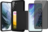 Hoesje met Pasjeshouder geschikt voor Samsung Galaxy S21 FE - Privacy Screen Protector FullGuard - Back Cover SlideCase Zwart & Screenprotector