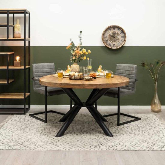 Petite table ronde en bois massif de manguier et pied métal pour salle à  manger