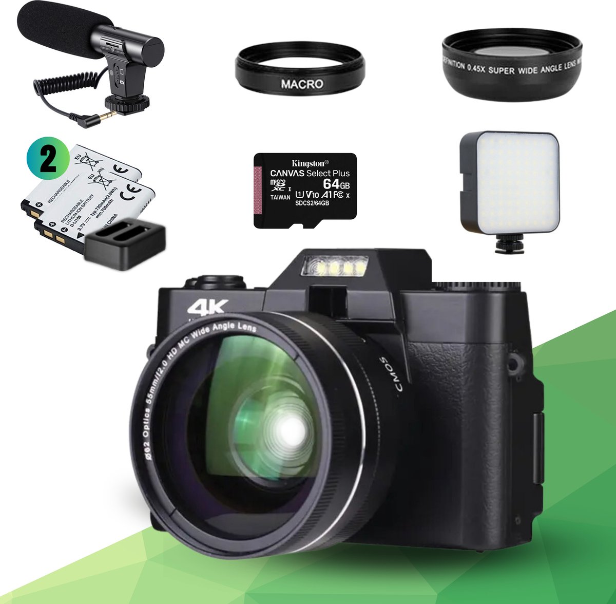 Vlog camera voor beginners - WIFI 4K 48MP 16X digitale camera - flipscreen - macro lens - wide lens - externe microfoon - externe ledlicht - 64gb geheugen kaart - 2 batterijen - vlog camera - vlog camera met schermpje