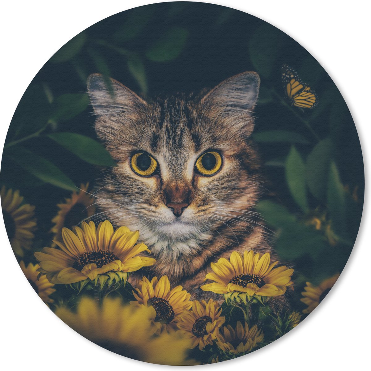 Muismat rond 20x20 cm - Mousepad Kat - Geel - Bloemen - Botanisch - Ronde muismatten