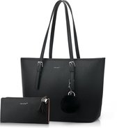 TAN.TOMI Dames Handtassen set met Portemonnee, Handtas + Clutch - Tweedelige - Grote Capaciteit - Zwart