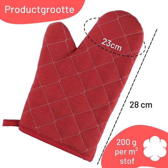 Gants de four rouges à motif losange, 28 cm de long, 23 cm de large. Tissu 200 g/m².