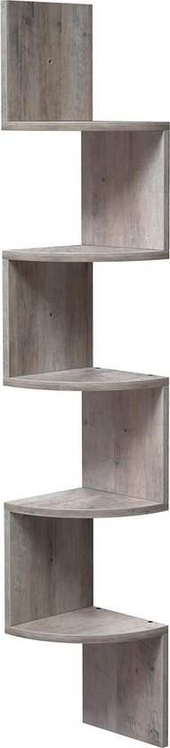 Hoekkast deluxe - Hoekmeubel - Wandrek - Boekenkast en decoratie - 5 legplanken - Grijs - 20x20x127cm