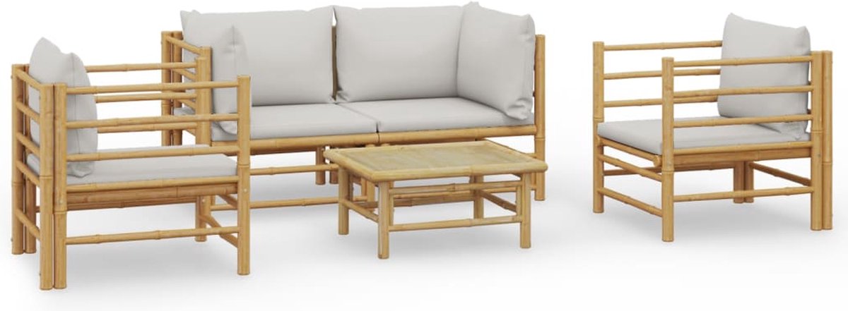 vidaXL 5-delige - Loungeset - met - kussens - bamboe - lichtgrijs