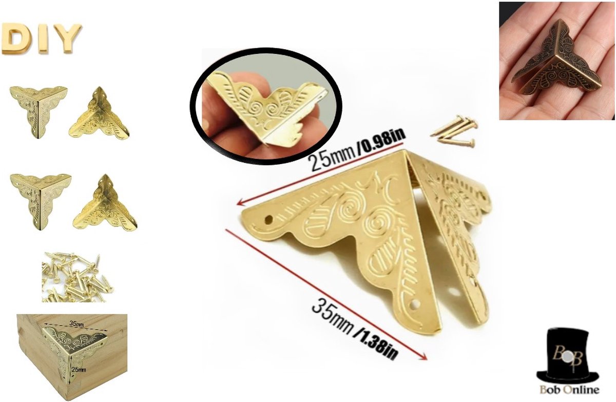 Bob Online ™ - 4 Stuks – Goud Kleurig – Meubel Hoekbeschermers + 16 Spijkers – Kisthoek Messing Antiek – Kisthoek Beschermers – Kisthoeken – Meubelbeslag – 4 Pcs – Yellow Gold – Furniture Corner Protectors – Decoratieve Hoeken – foto 2