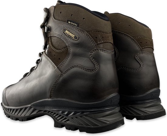 Bruine leren wandelschoenen met Gore-Tex en Meindl logo, achterkant zichtbaar.