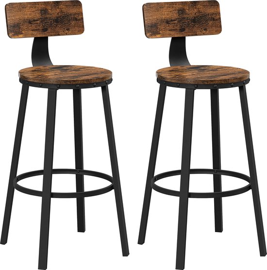 Rootz Barkrukken - Keukenkrukken - Set van 2 hoge barstoelen met rugleuning - Stalen frame - Industrieel - 73 cm hoge zitting