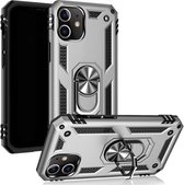 Hoesje Geschikt voorApple iPhone 12 mini Stevige Magnetische Anti shock ring back cover case- schokbestendig-TPU met stand Zilver + gratis screenprotector