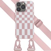 Selencia Hoesje Met Koord Geschikt voor iPhone 13 Pro - Selencia Siliconen design hoesje met afneembaar koord - Roze / Irregular Check Sand Pink