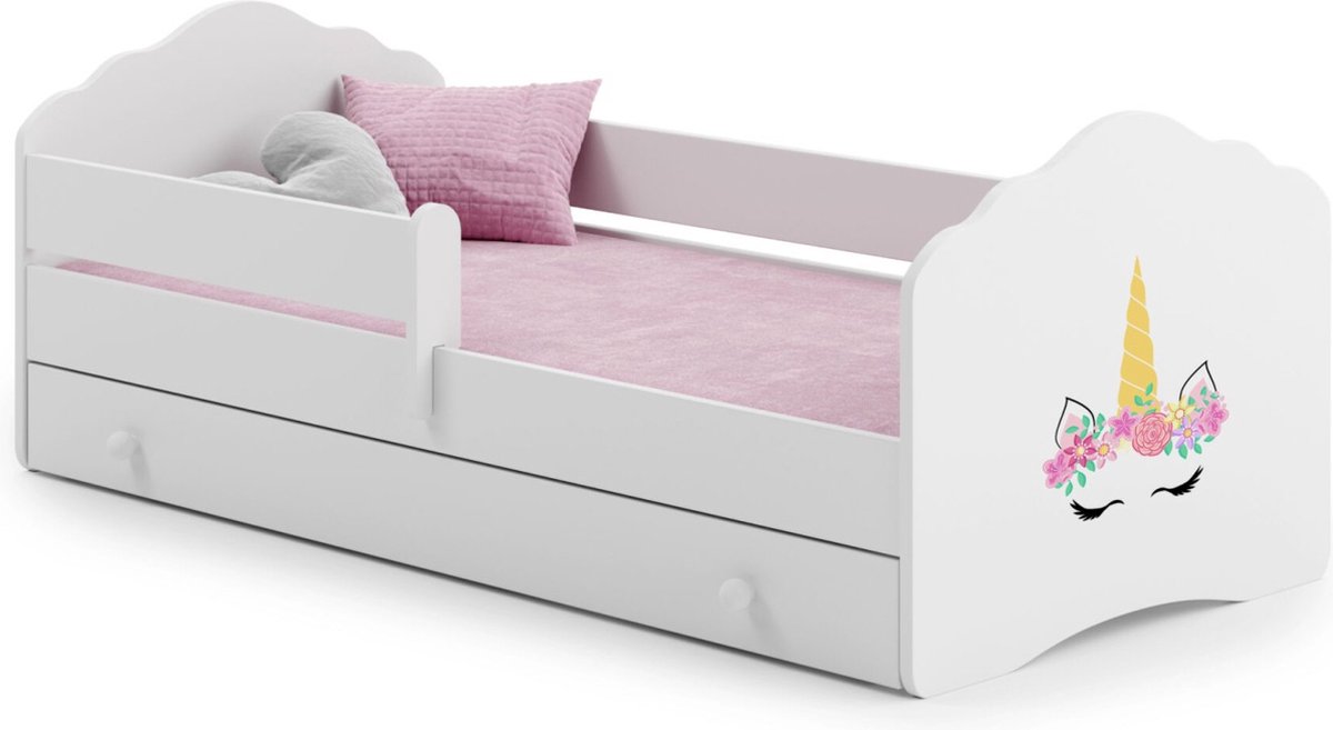 Kinderbed Okia - 140x70 met lade en reling - Inclusief matras en bodem