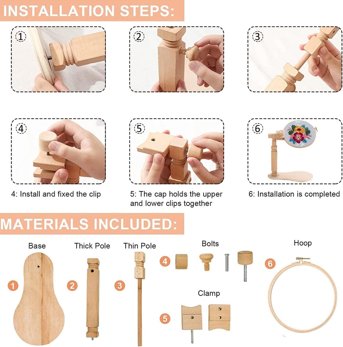 Verstelbare gedraaide borduurring standaard met 22 cm ronde houten hoepels, houten borduurstandaard, borduurring houder voor kruissteek en borduurproject Verstelbare gedraaide borduurring standaard met 22 cm ronde houten hoepels, houten borduurstandaard, borduurring houder voor kruissteek en borduurproject