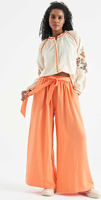 Pantalon femme La Pèra - Taille haute élastique - Jambes larges - Lin - Oranje - S