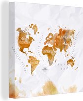 Canvas Wereldkaart - 90x90 - Wanddecoratie Waterverf - Wereldkaarten - Goud