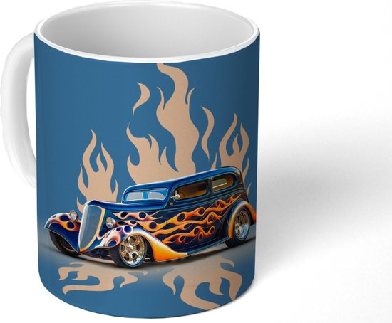 Mug - Tasse à café - Voiture - Vintage - Blauw - Flammes - Mugs - 350 ML -  Tasse 