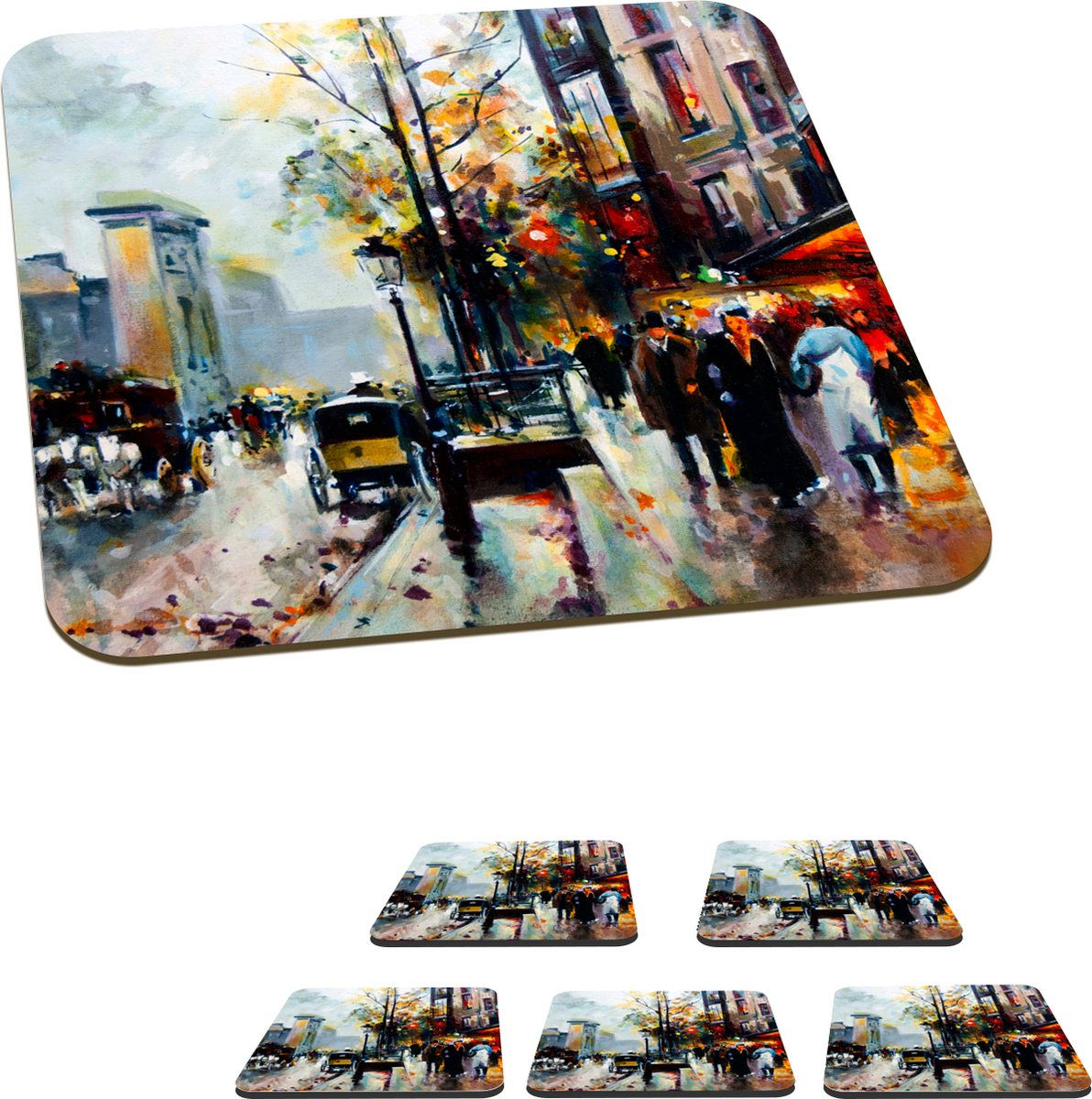 Onderzetters voor glazen - Schilderij - Stad - Olieverf - 10x10 cm - Glasonderzetters - 6 stuks