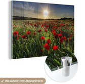 MuchoWow® Glasschilderij 90x60 cm - Schilderij acrylglas - Weide met papavers op Kos-eiland in Griekenland - Foto op glas - Schilderijen