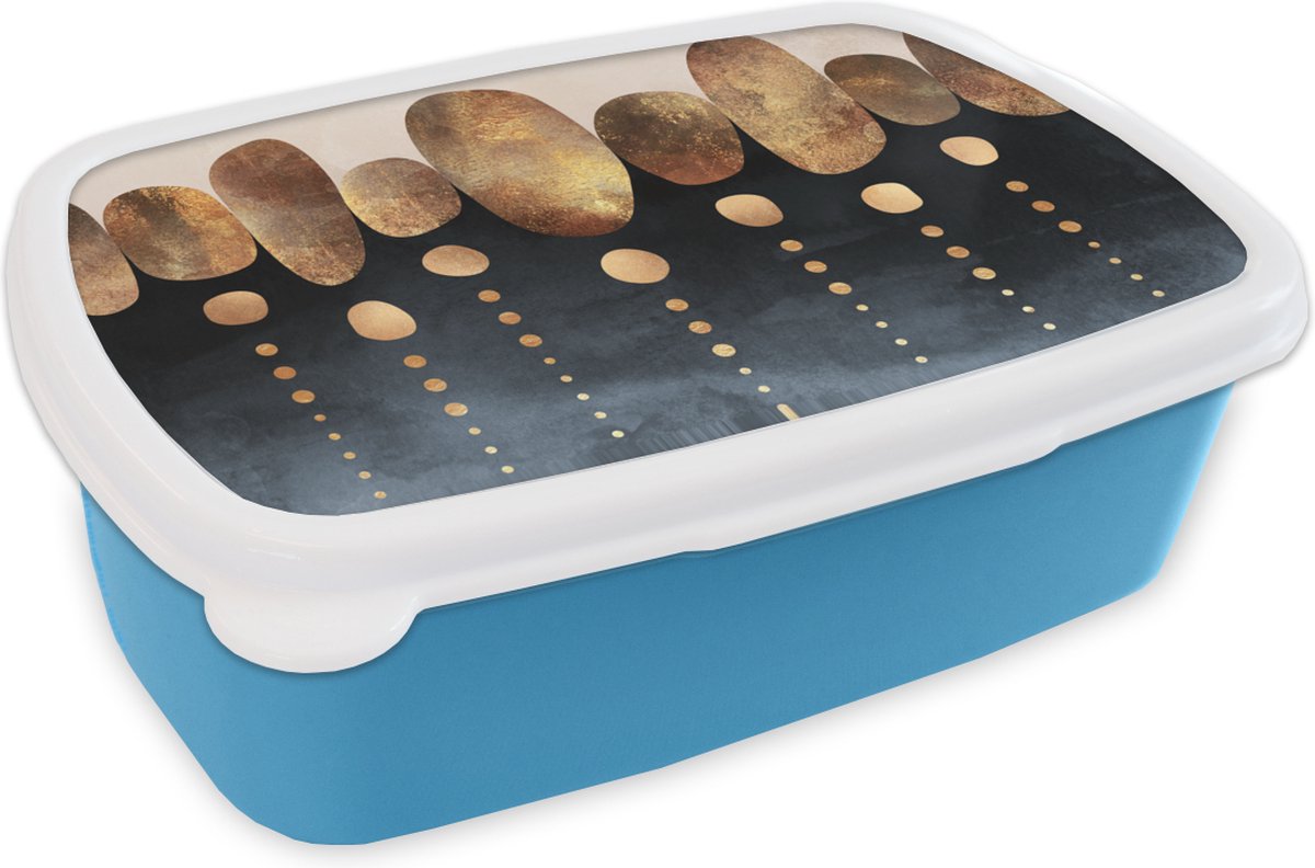 Broodtrommel Blauw - Lunchbox - Brooddoos - Goud - Abstract - Luxe - 18x12x6 cm - Kinderen - Jongen