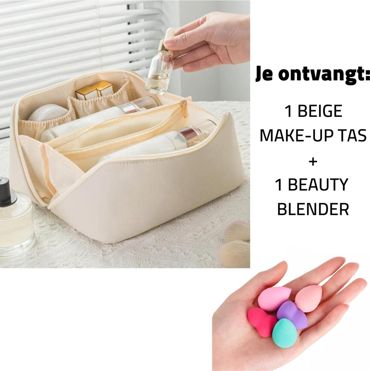 Luxe Make-up Tas Beige + Beauty Blender Spons - Toilettas - Reistas - Tas Voor Toilet Artikelen - Beauty case - Cosmetica tas - Handige Make-up Tas - Make-up Organizer - Skincare Organizer - Reis Toilettas - Multifunctionele Make-up Tasje - Case Tool van Merkloos / Sans marque — cadeau in Mode & Accessoires - foto 2