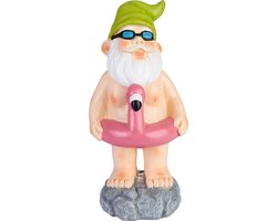 BRUBAKER Nudistische Tuinkabouter met Flamingo Zwemring - Naakte Kabouter met Zonnebril - Grappig Tuinbeeldje - Weerbestendige Decoratie voor Tuin Camping en Buiten - 24 cm hoog