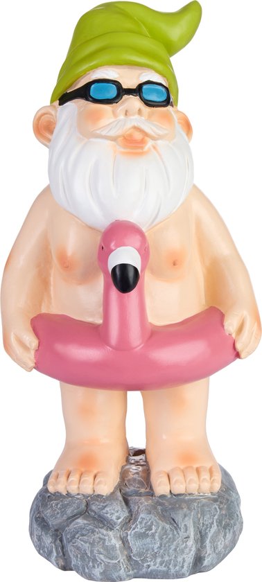 BRUBAKER Nudistische Tuinkabouter met Flamingo Zwemring - Naakte Kabouter met Zonnebril - Grappig Tuinbeeldje - Weerbestendige Decoratie voor Tuin Camping en Buiten - 24 cm hoog