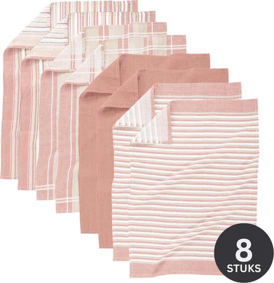 Tiseco Home Studio - Torchon MULTILINES - SET/8 - 100% coton - ultra-absorbant - séchage rapide - matériau durable - 50x70 cm - Rose