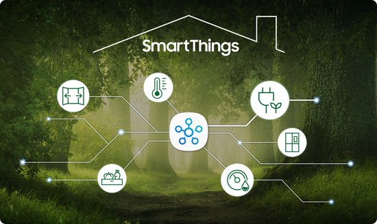 Visualisatie van de SmartThings app met iconen voor temperatuur, energie, koelkastinhoud en meer in een bosrijke omgeving.