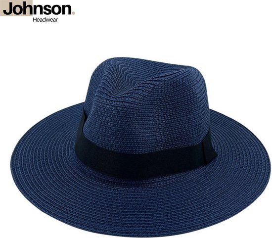 Johnson Headwear® Panama homme & femme - Fedora - Chapeau de soleil - Chapeau de paille - Chapeau de plage - Taille : 58cm ajustable - Couleur : Bleu foncé