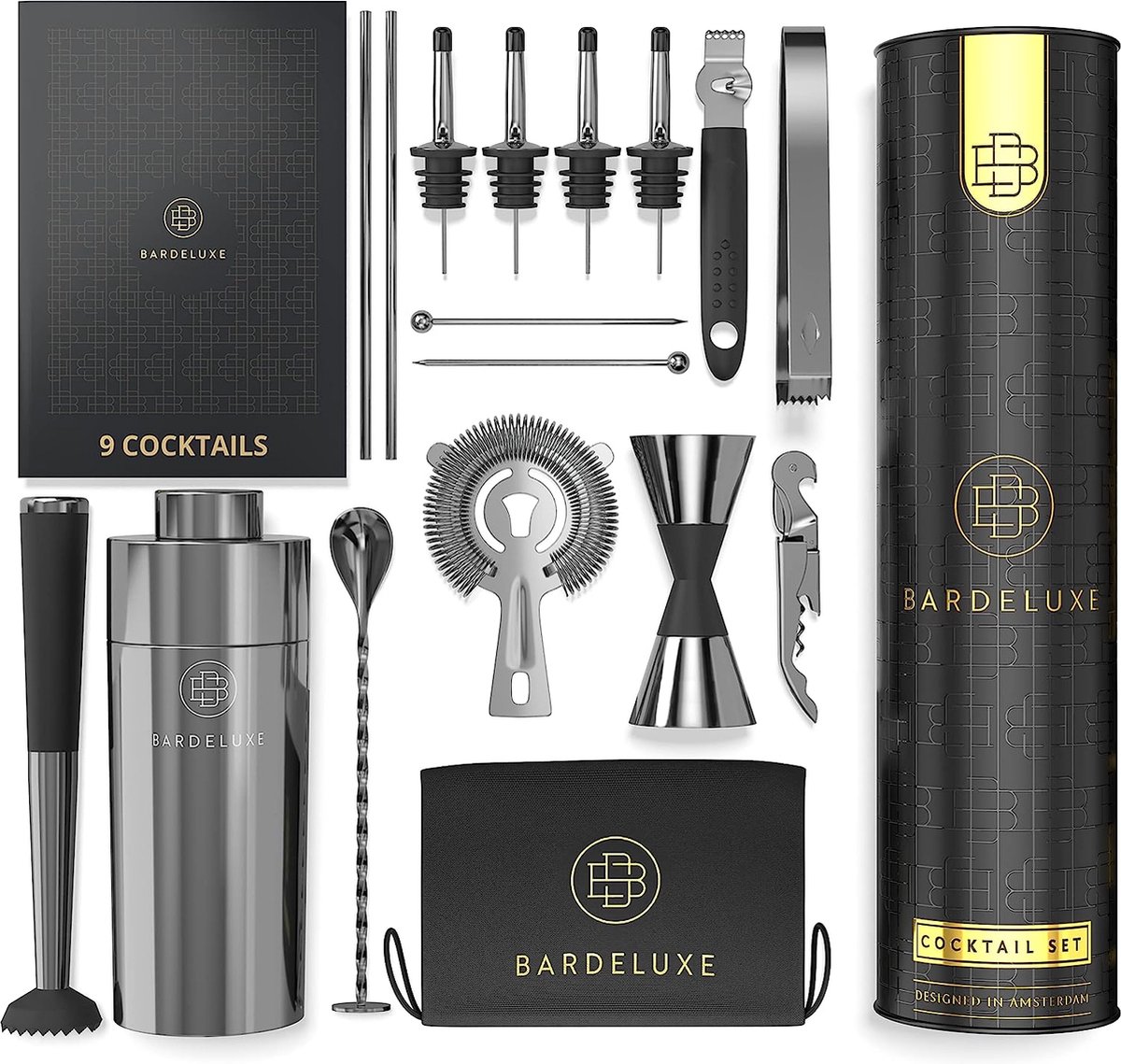 Cocktailset, 17-delig, barkeeperset, cocktailmixerset, 750 ml cocktailshaker roestvrij staal, cocktailshakerset, bartender set, luxe cocktailcadeauset, tas & receptenboek (zwart) — cadeau in Kookcadeaus - foto 4