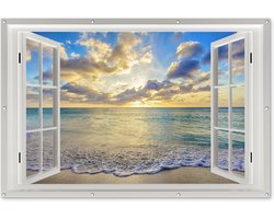 Tuin poster - Tuin decoratie - Doorkijk - Zee - Strand - Zon - Tuinversiering - Terras - Tuindecoratie wanddecoratie - Muurdecoratie buiten - 180x120 cm - Buitenschilderijen voor in de tuin - Decoratie tuin om op te hangen - Tuindoek - Buitenposter