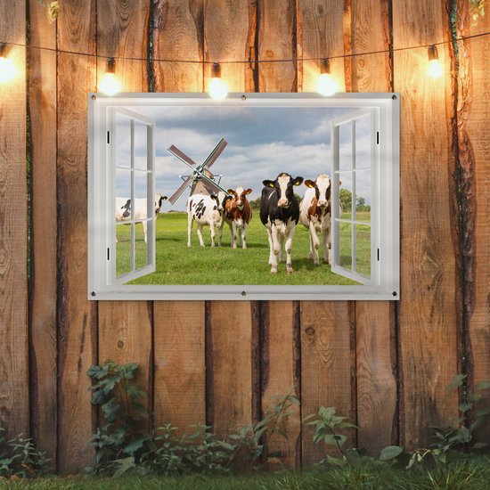 Tuin poster - Tuin decoratie - Koe - Doorkijk - Molen - Natuur - Tuinversiering - Terras - Tuindecoratie wanddecoratie - Muurdecoratie buiten - 120x80 cm - Buitenschilderijen voor in de tuin - Decoratie tuin om op te hangen