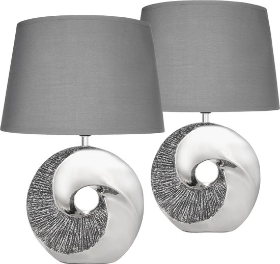 BRUBAKER Set van 2 tafel- of bedlampjes, zilveren stenen ring, moderne tafellampen met keramische voet, hoogte 42,5 cm, chroom grijs