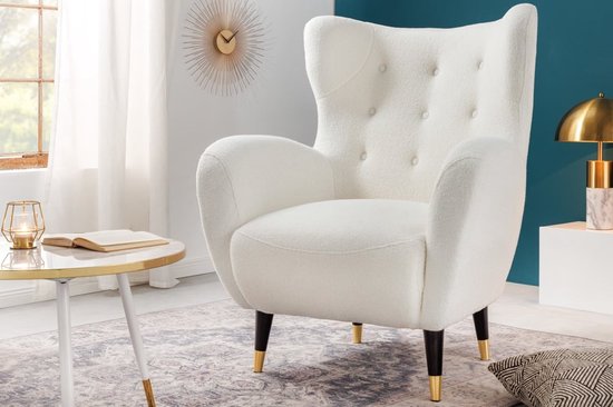 Retro design fauteuil DON wit Bouclé stof veerkern gouden voetdoppen - 42639