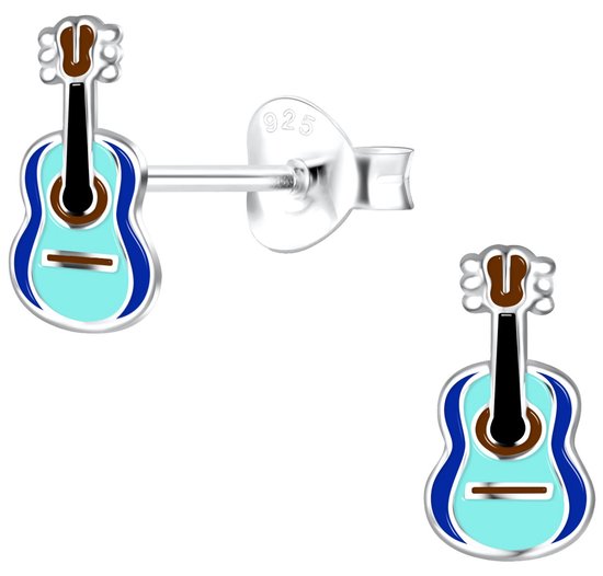 Joy|S - Zilveren gitaar oorbellen - 5 x 9 mm - blauw - kinderoorbellen