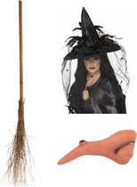 Smiffys Heksen verkleed set voor dames heksenhoed - haakneus - heksenbezem van 110 cm