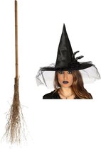 Guirca Ensemble de déguisement de sorcières pour femme - chapeau de sorcière avec balai de sorcière en bois de 110 cm