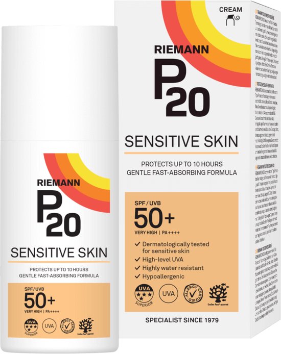 P20 Sensitive SPF 50+ fles en doosje met keurmerken.