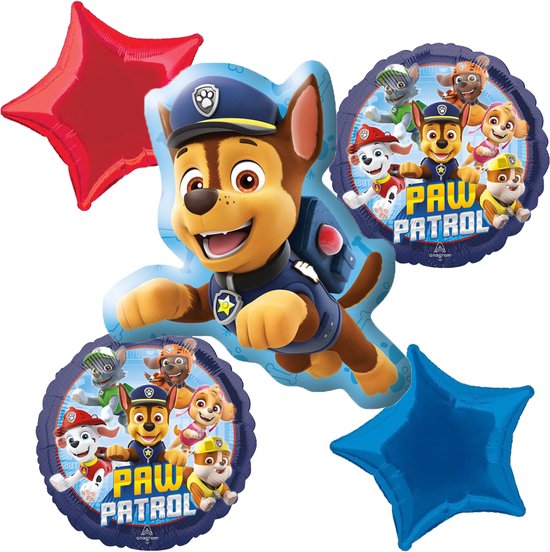 Paw Patrol – Chase – Ballon set – 5-Delig – Helium ballon – Folieballon - Versiering - Kinderfeest.