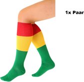 1x Paar Lange Sokken rood geel groen gestreept maat 39-42 - Carnaval thema feest party fun festival Limburg