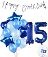 Snoes Ballonnen 15 Jaar Feestpakket – Versiering – Verjaardag Set Mason Blauw Cijferballon 15 Jaar - Heliumballon