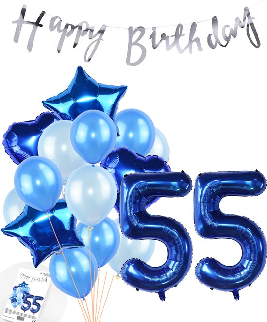 Snoes Ballonnen 55 Jaar Feestpakket – Versiering – Verjaardag Set Mason Blauw Cijferballon 55 Jaar - Heliumballon
