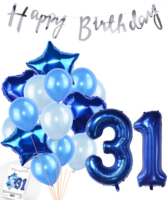 Snoes Ballonnen 31 Jaar Feestpakket – Versiering – Verjaardag Set Mason Blauw Cijferballon 31 Jaar - Heliumballon